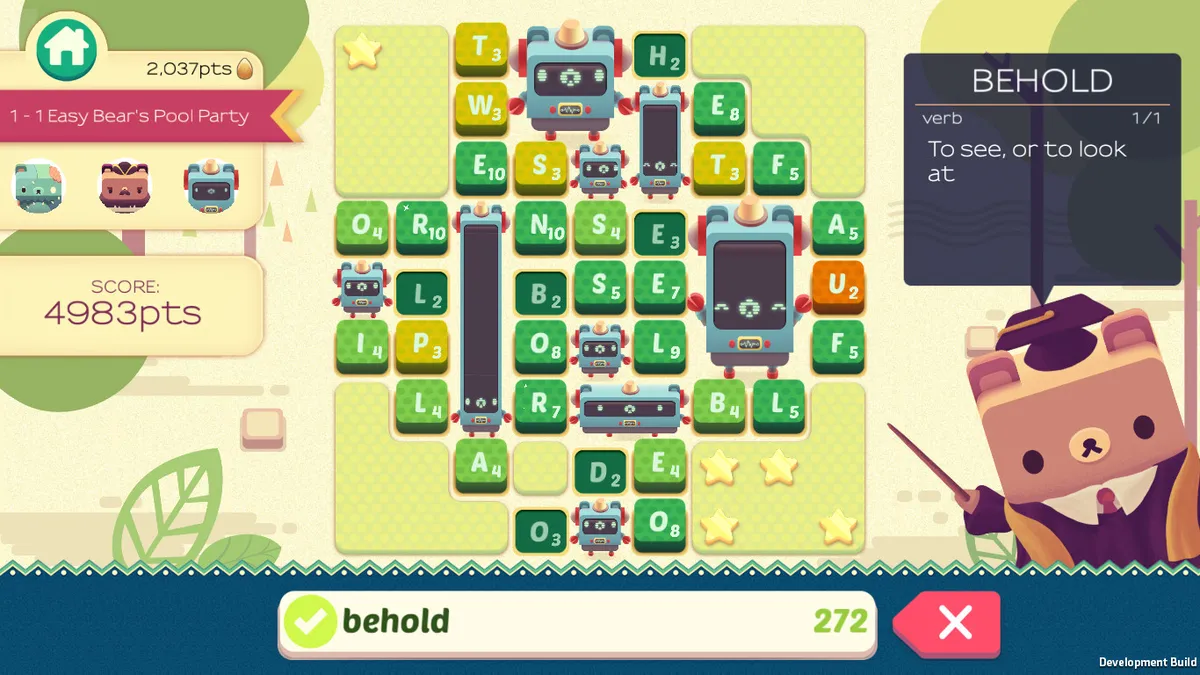 Alphabear gameplay showing a grid of letter tiles, a bear grown across the cleared space, and the in-game definition panel for the word behold