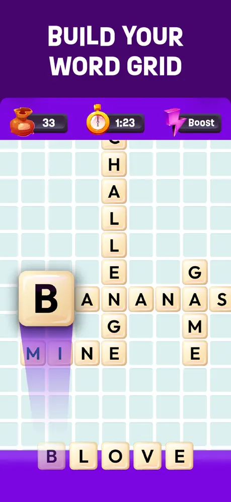 Anagram Rush screenshot showing letter tiles placed into a connected crossword grid