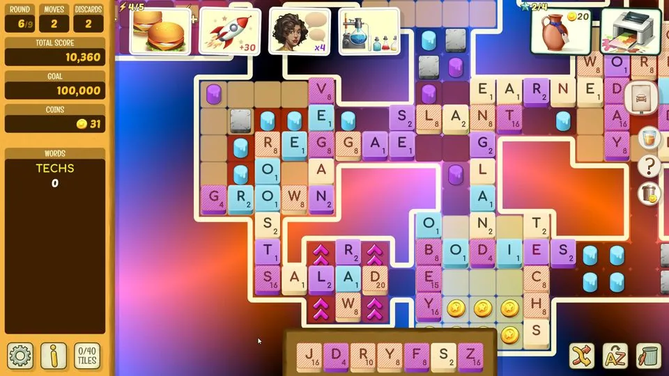 Beyond Words screenshot showing a Scrabble-style board with roguelike upgrades