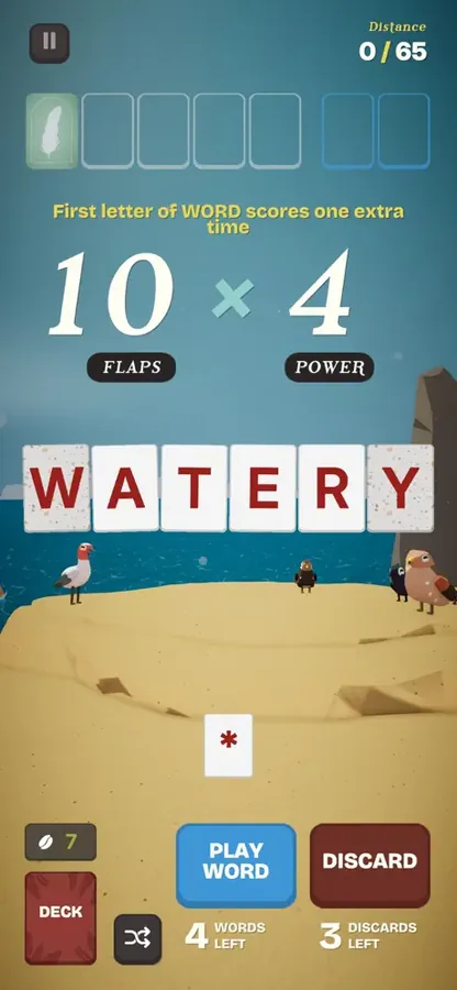 Birdigo screenshot showing letter cards and a flock of birds mid-migration