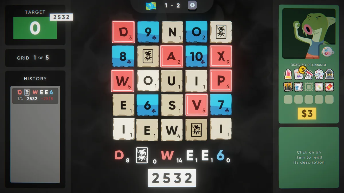 Cursed Words screenshot showing a Boggle-style board with stickers and stamps