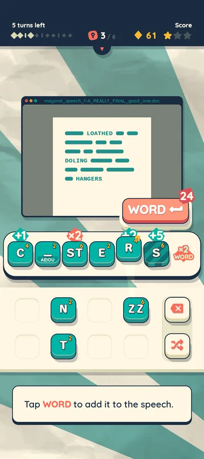 Everything Must Word gameplay screenshot showing letter tiles on a conveyor belt