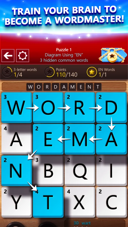Microsoft Wordament screenshot showing a four by four grid of letter tiles with a word traced through it