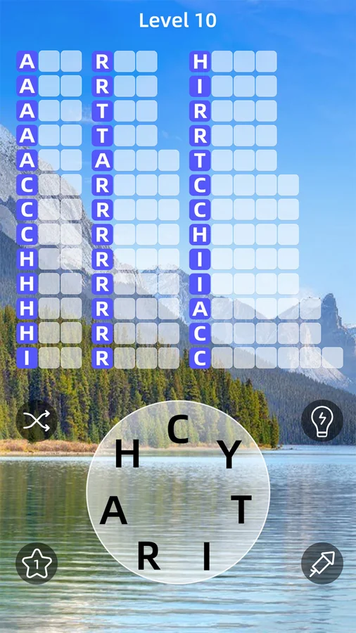 Zen Word screenshot showing a letter wheel over a lake landscape and columns of hidden word slots with only their lengths shown
