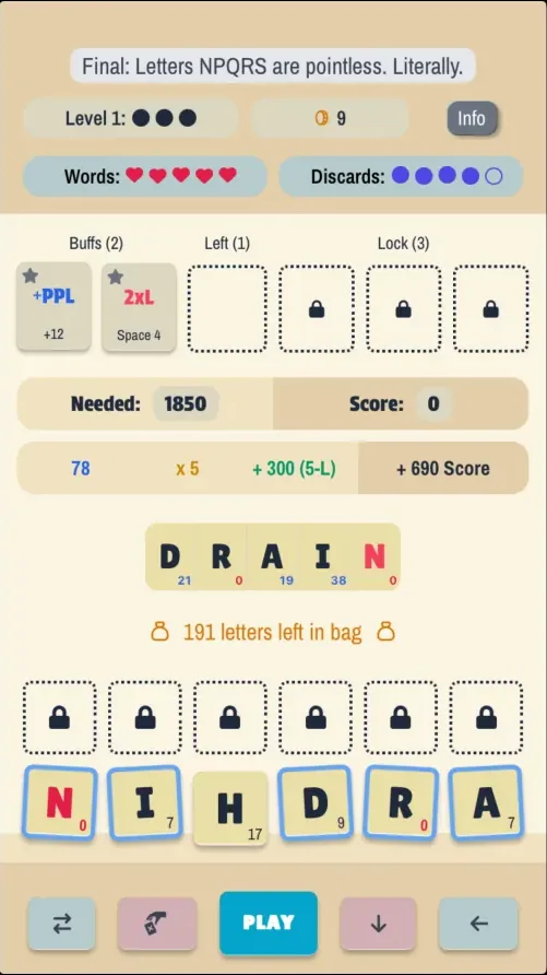 Letterlike screenshot showing collected cards and upgraded letter tiles