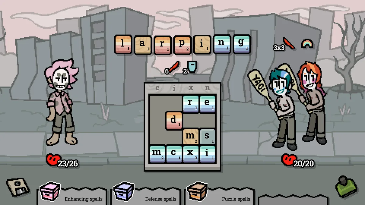 Pronoun Palace screenshot showing its dystopian spelling-roguelike interface