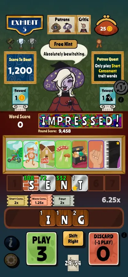 Scriver screenshot showing word scoring and hand-painted art tiles