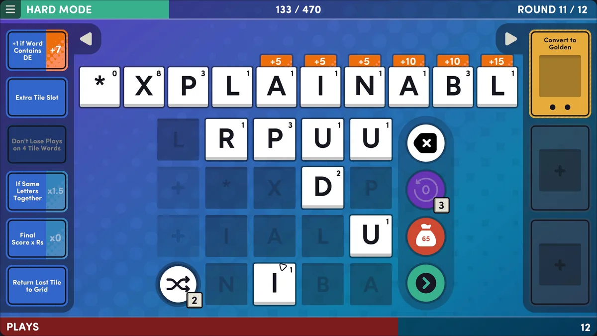Word Play screenshot showing letter tiles and perk selection