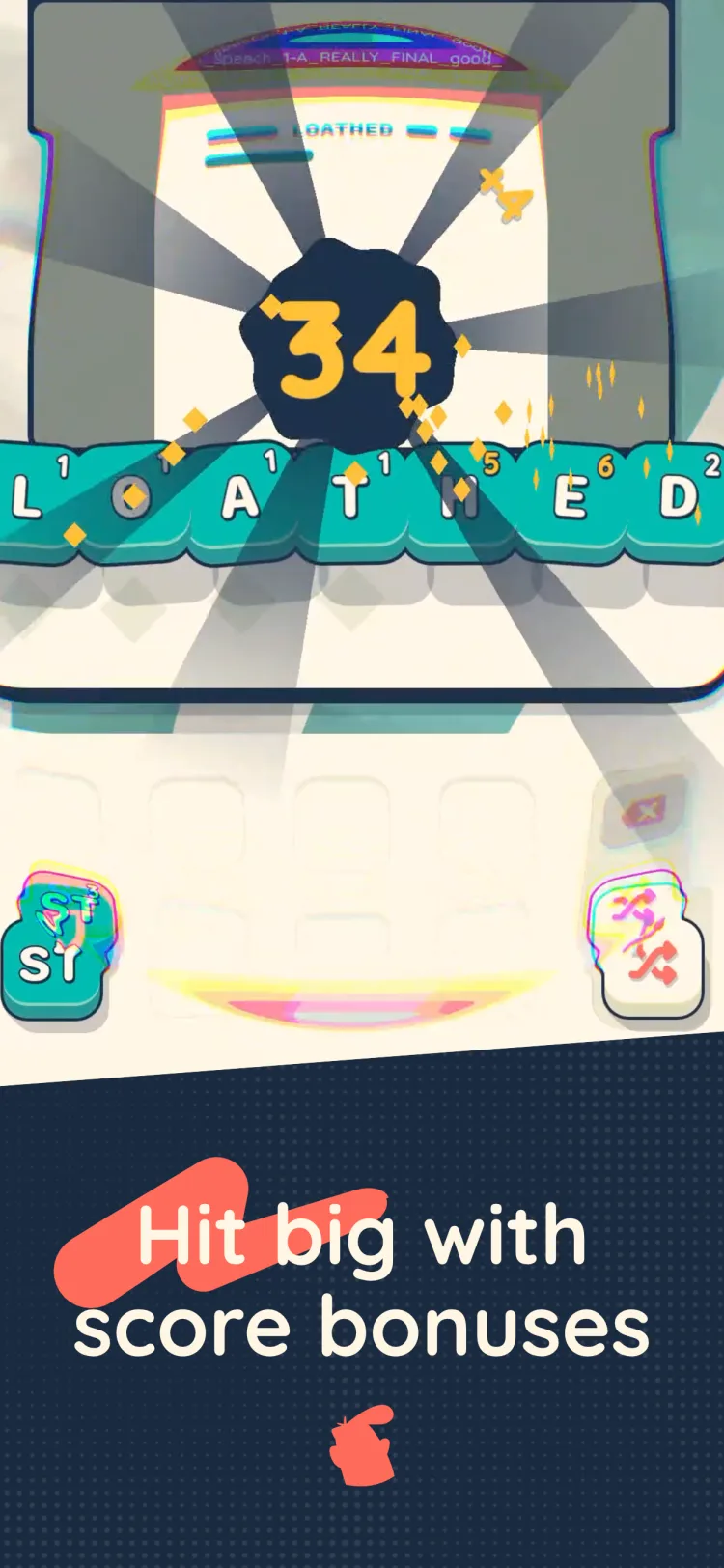 Everything Must Word screenshot - a word scoring 34 points with stacked bonus multipliers