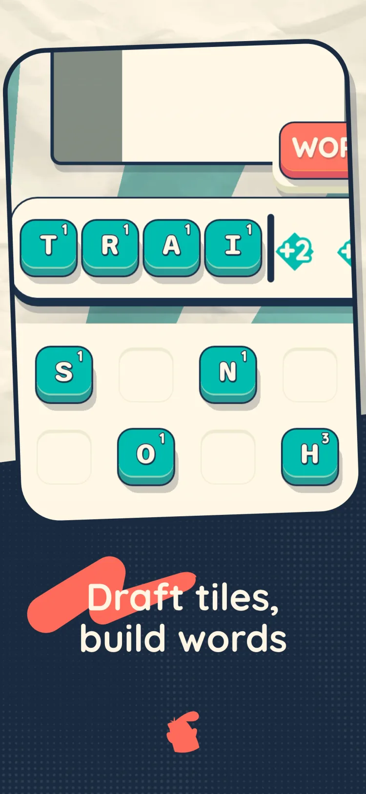 Everything Must Word screenshot - building a word from drafted letter tiles on the conveyor belt