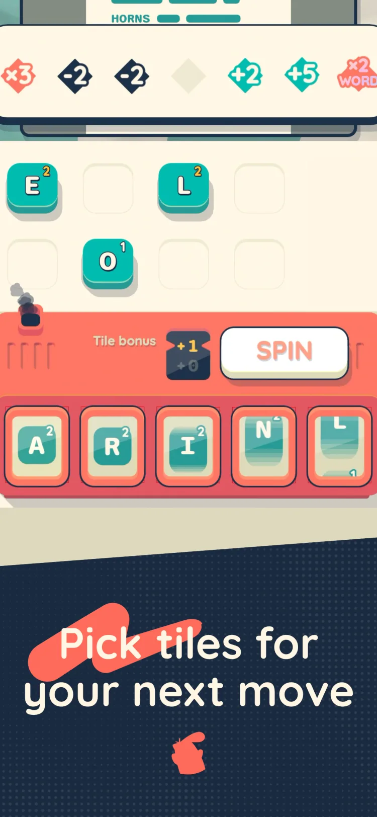 Everything Must Word screenshot - picking tiles from the spin queue for the next move